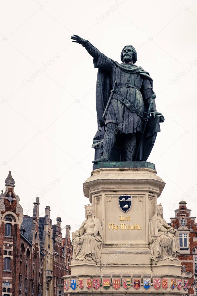 Statue of Jacob Van Artevelde on the Friday Market square in Ghent, Belgium