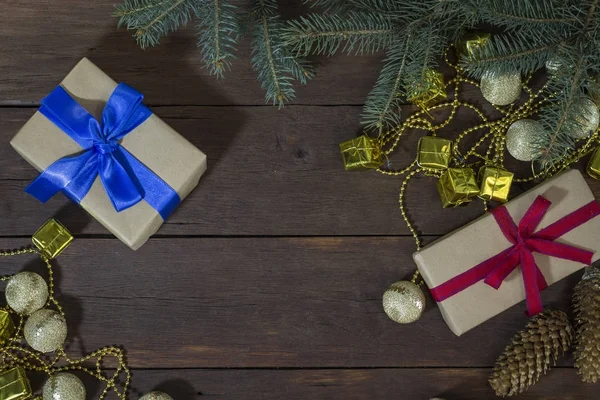 Packed gifts are packed with kraft paper tied with red and blue