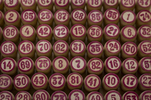 Background with wooden balls with bingo numbers used to randomly — Stock Photo, Image