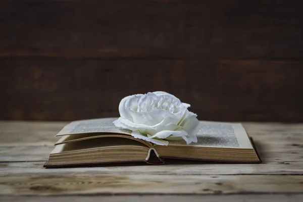 Livro aberto e topo de um botão de rosa branco em um fundo de madeira — Fotografia de Stock