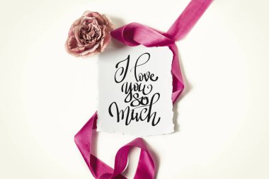 Gül ve pembe kurdele beyaz arka plan üzerinde. Yazıt seni seviyorum
