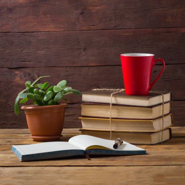 Açık günlük, Oda çiçek, yığın kitap, kırmızı Kupası kahve o ile