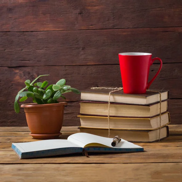 Diario all'aperto, Camera Fiore, Mucchio di Libri, Coppa Rossa con Caffè o — Foto Stock