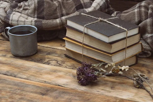 Metal Cup with Hot Tea, Coffee, Warm Plaid, A Pile of Books Tied — Stock Photo, Image