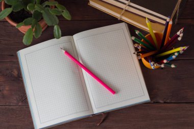 Açık günlük, renkli kalemler bir cam, yığın kitap, Oda çiçek