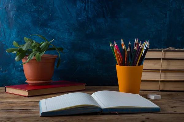 ガラスの色の鉛筆、木製の杭の本オープンの日記 — ストック写真