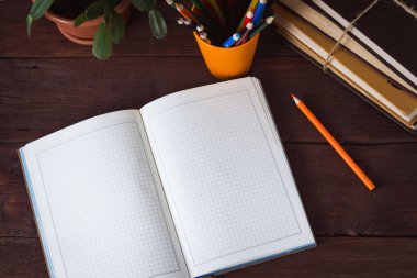 Açık günlük, renkli kalemler bir cam, yığın kitap, Oda çiçek