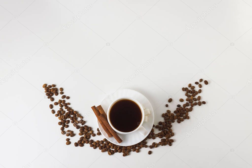 White cup with coffee, coffee beans on a white background. Flat 