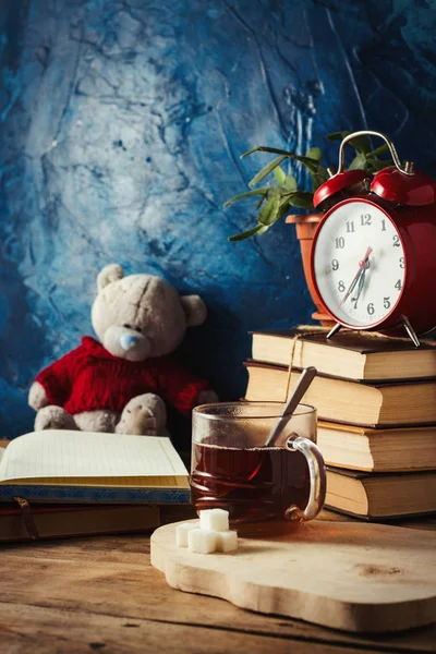 Diario Abierto, Taza de té caliente, Libros, Oso de juguete, Reloj despertador rojo — Foto de Stock