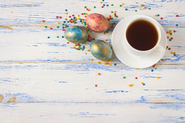 Easter Eggs And A Cup Of Coffee, Multicolored Decoration Sweets