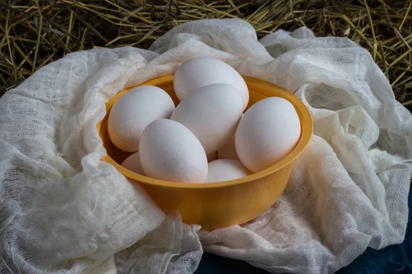 Fehér csirke tojás kék alapon sárga lemez. A Con — Stock Fotó