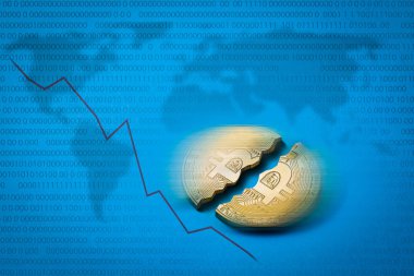 Sikke Bitcoin mavi bir arka plan ve öğeleri ikiye ayrılır
