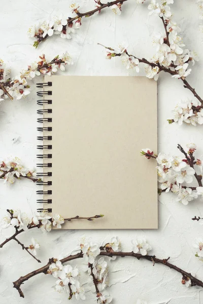Cuaderno y una ramita de flores de cerezo sobre un fondo de piedra clara — Foto de Stock