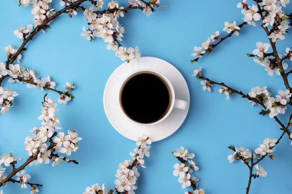 Kávé és ágak, virágok, egy fényes fehér kupa — Stock Fotó