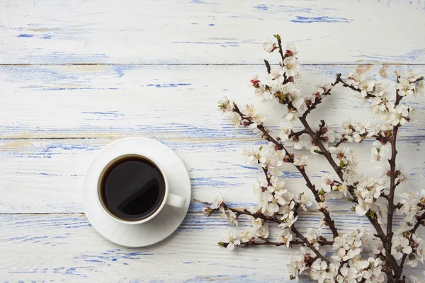 A cseresznye virágok és fehér csésze fekete kávé o ágacska — Stock Fotó