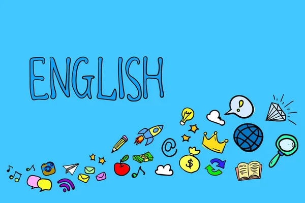 Texto ícones ingleses em um fundo azul. O conceito de aprendizagem — Fotografia de Stock