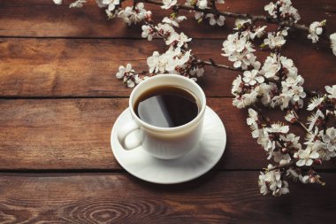Sakura dalları çiçek ve koyu bir kahve ile beyaz bir fincan ile
