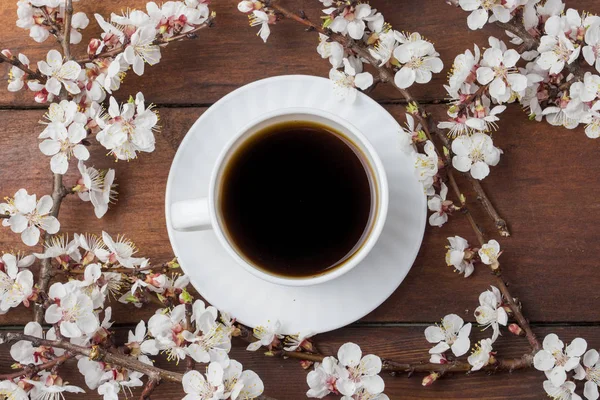 Sakura ágak, virágok, ezen a környéken: fehér csésze fekete kávé — Stock Fotó