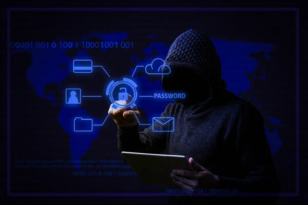 Concept van hacker aanvallen en gegevensdiefstal met een anonieme man in — Stockfoto