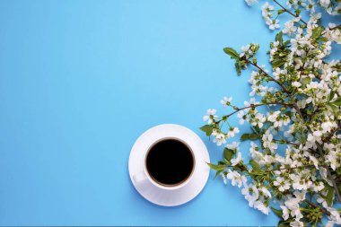 fincan sade kahve, beyaz akışı ile ağaç bahar dalları ile