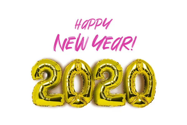 Arany léggömbök számok 2020 fehér alapon. Hozzáadott szöveg. Az újév koncepciója, szilveszter, téli ünnepek. Lapos fekvésű, felülnézet — Stock Fotó