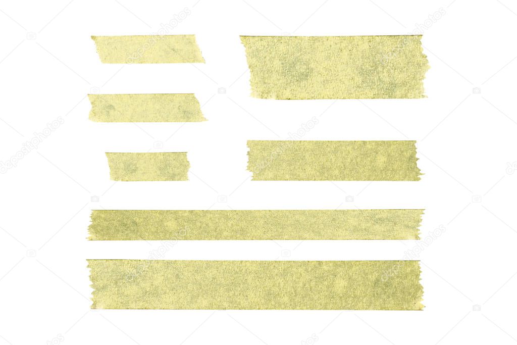 Torn pieces of paper tape on a white isolated background. Flat lay, top view