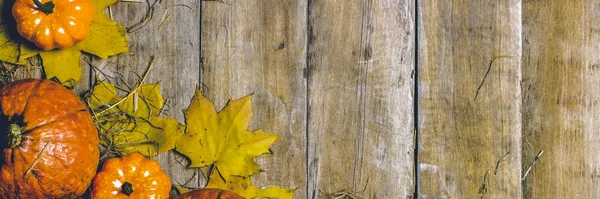 Calabazas maduras, hojas de otoño y paja sobre un fondo de madera. Concepto de cosecha, otoño, víspera de Halloween. Banner. Piso tendido, vista superior — Foto de Stock