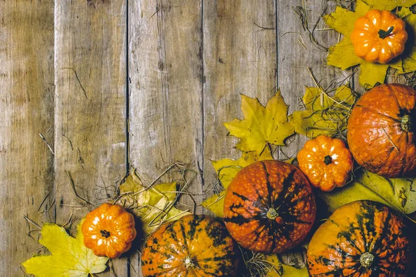 Citrouilles mûres, feuilles d'automne et paille sur fond de bois. Concept de récolte, automne, veille d'Halloween. Bannière. Couché plat, vue du dessus — Photo