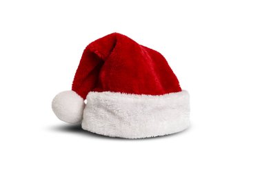 Beyaz izole bir arka planda Noel Baba şapkası. Ön manzara. Noel ve Yeni Yıl konsepti. Noel Baba kostümü