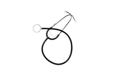 Beyaz arka planda tıbbi steteskop. Sağlık, ilaç, virüs, salgın, yüksek kalite, dünyanın en iyisi. Banner Düz yatar, üst görünüm