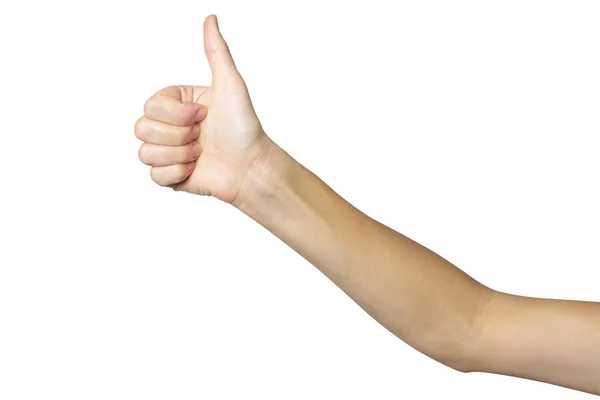 Die weibliche Hand zeigt eine Daumen-nach-oben-Geste auf einem weißen, isolierten Hintergrund. Konzept ist alles ok, fertig, Prost — Stockfoto