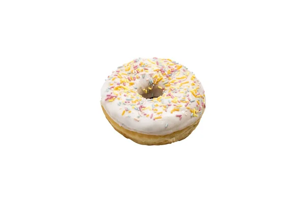 Donut com migalhas decorativas multi-coloridas em um fundo isolado branco. Padaria, conceito de cozimento — Fotografia de Stock