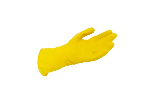 Žluté latexové rukavice pro čištění a mytí na bílém izolovaném pozadí. Čistící koncept. Banner. Byt ležel, horní pohled — Stock fotografie