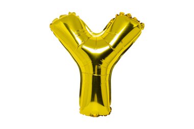 Altın renkli balon, Y harfi beyaz izole bir arka plan. Tatil, doğum günü, yıldönümü.