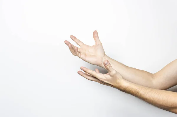Mãos Masculinas Vazias Segurando Palmas Para Cima Mãos Homem Pegando — Fotografia de Stock