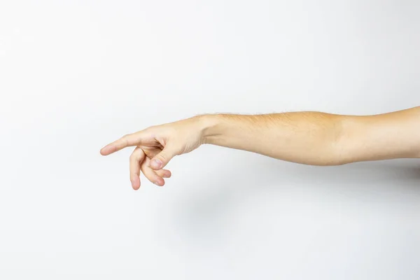 Male Hand Shows Finger Man Hand Pointing Invisible Object Light — Stock Photo, Image