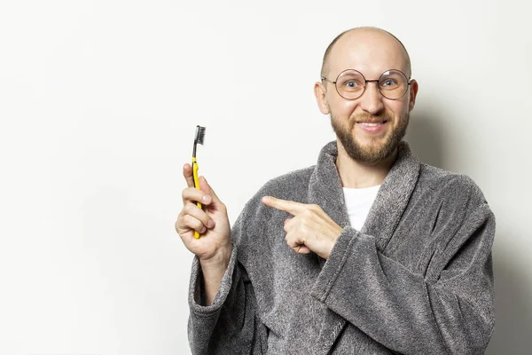 Portrait Young Bald Man Beard Dressing Gown Glasses Smile Points — Stock Photo, Image