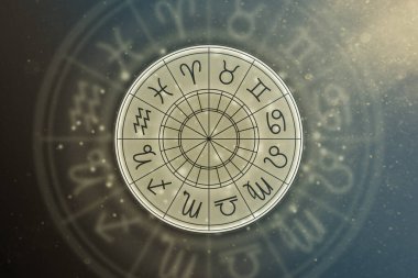 Yıldızlı gökyüzünün arka planında zodyak işaretleri olan bir astrolojik çember. Yıldız falı çizimi.