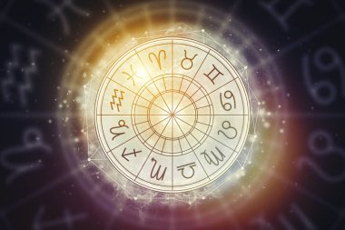 Yıldızlı gökyüzünün arka planında zodyak işaretleri olan bir astrolojik çember. Yıldız falı çizimi.