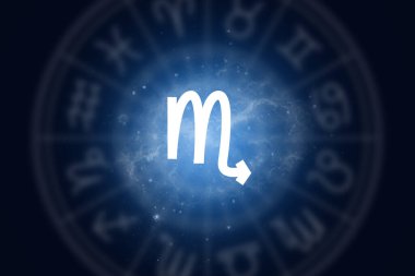 Zodiac, Akrep burcunu yıldızlı gökyüzünün arka planında imzaladı. Yıldız falı çizimi.