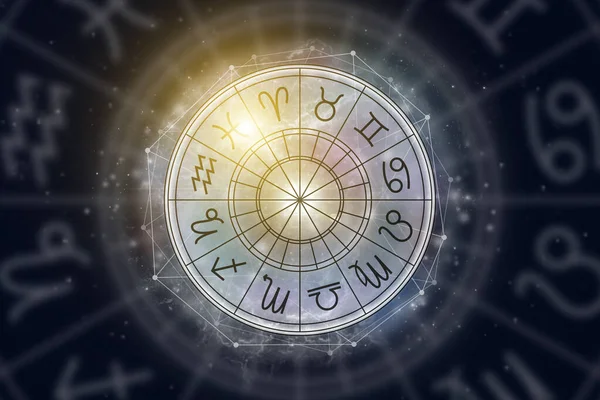星空を背景に黄道帯の兆候を持つ占星術の円 ホロスコープのイラスト — ストック写真
