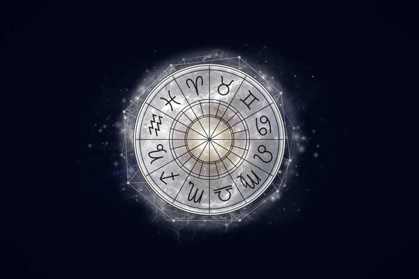 Astrological circle with the signs of the zodiac on a background of the starry sky. Illustration for horoscope.