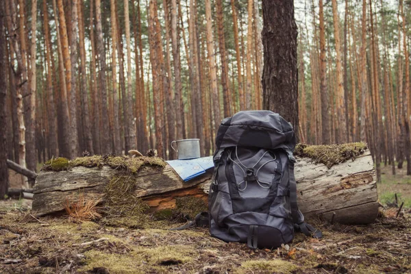 Zaino Turistico Tazza Metallo Mappa Nella Foresta Concetto Escursione Nella — Foto Stock