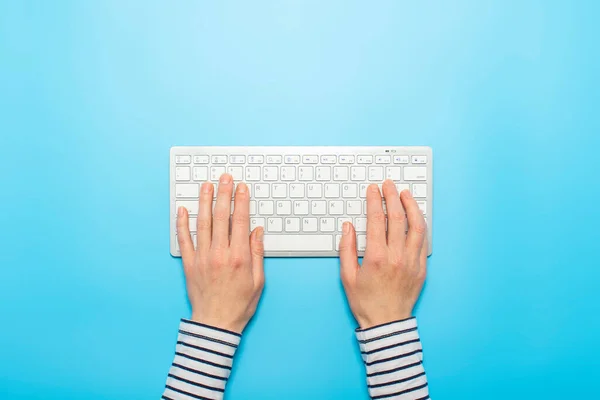 Female Hands Keyboard Blue Background Concept Office Work Freelance Online — Stock Photo, Image