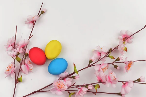 Colorful eggs with pink flowers on a easter — Stock Photo, Image