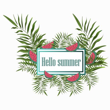 duvar kağıdı vektör yeşil hurma dalları ve dilim karpuz metin yazıt ile beyaz bir arka plan üzerinde güzel çerçeve Merhaba banner yaz