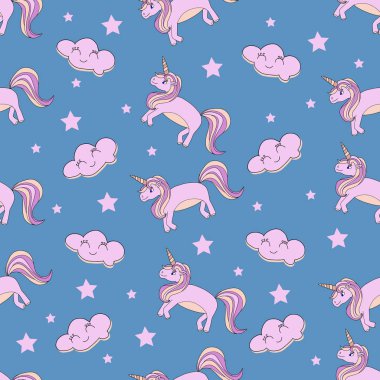 vektör seamless modeli bir tek boynuzlu at ile mavi bir arka plan üzerinde