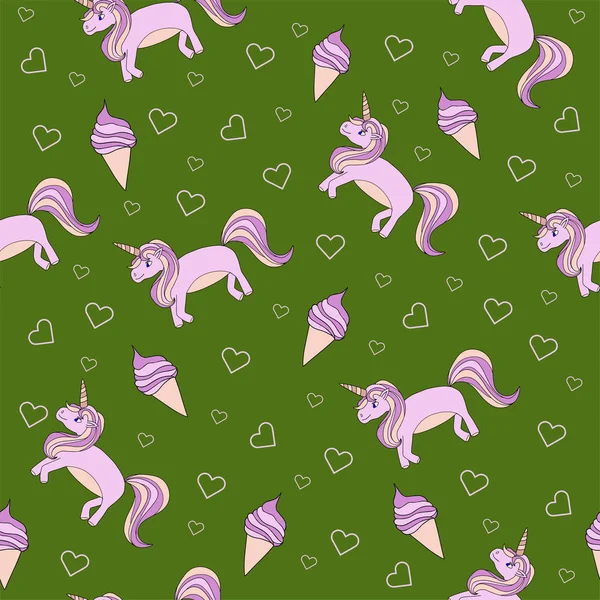 Vector patrón sin costuras sobre un fondo verde unicornio ponis pin — Vector de stock