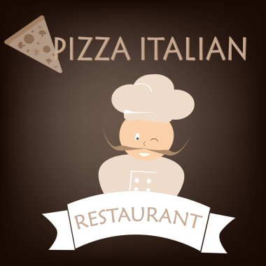İtalyan yemek pizza ve aşçı metin yazıt siyah zemin üzerine Restoran şefi için reklam banner logo vektör