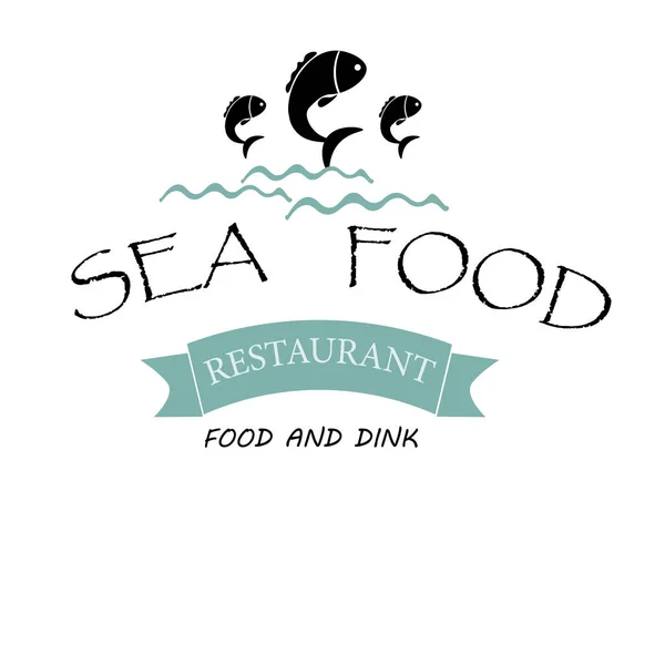 Restoranın Adı Balık Dalgalar Metin Yazıt Deniz Ürünleri Ile Mavi — Stok Vektör